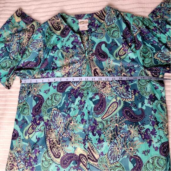 Collections Etc Paisley Caftan Lounge Dress Large Teal Purple Zip Front Maxi - Picture 6 of 9